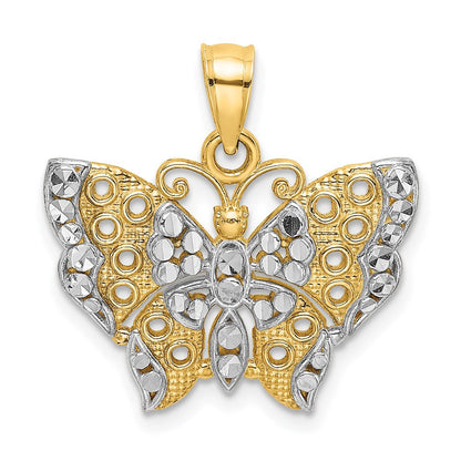 14K Gelb & Rhodium mit Rhodium Ausgeschnitten Flügel Schmetterling Anhänger