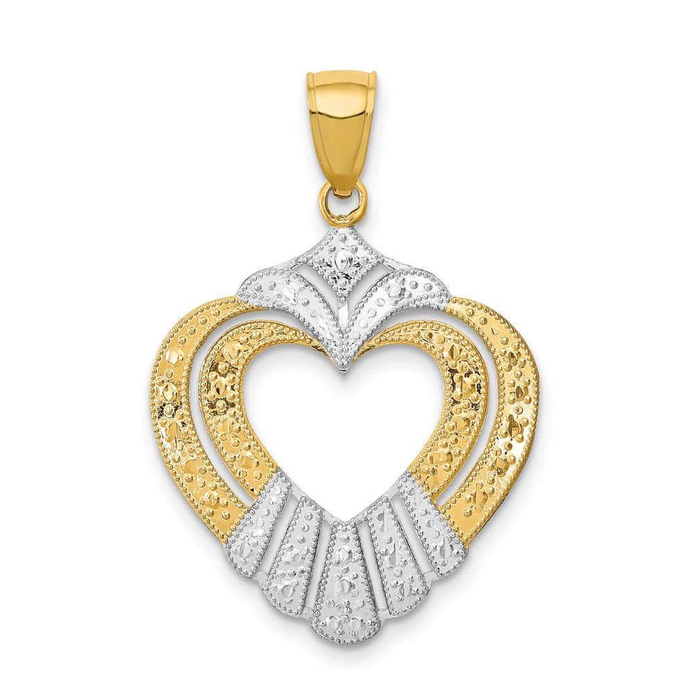 14K Gelbgold mit Rhodium und Rhodium-Cut-Out-Herz-Charm