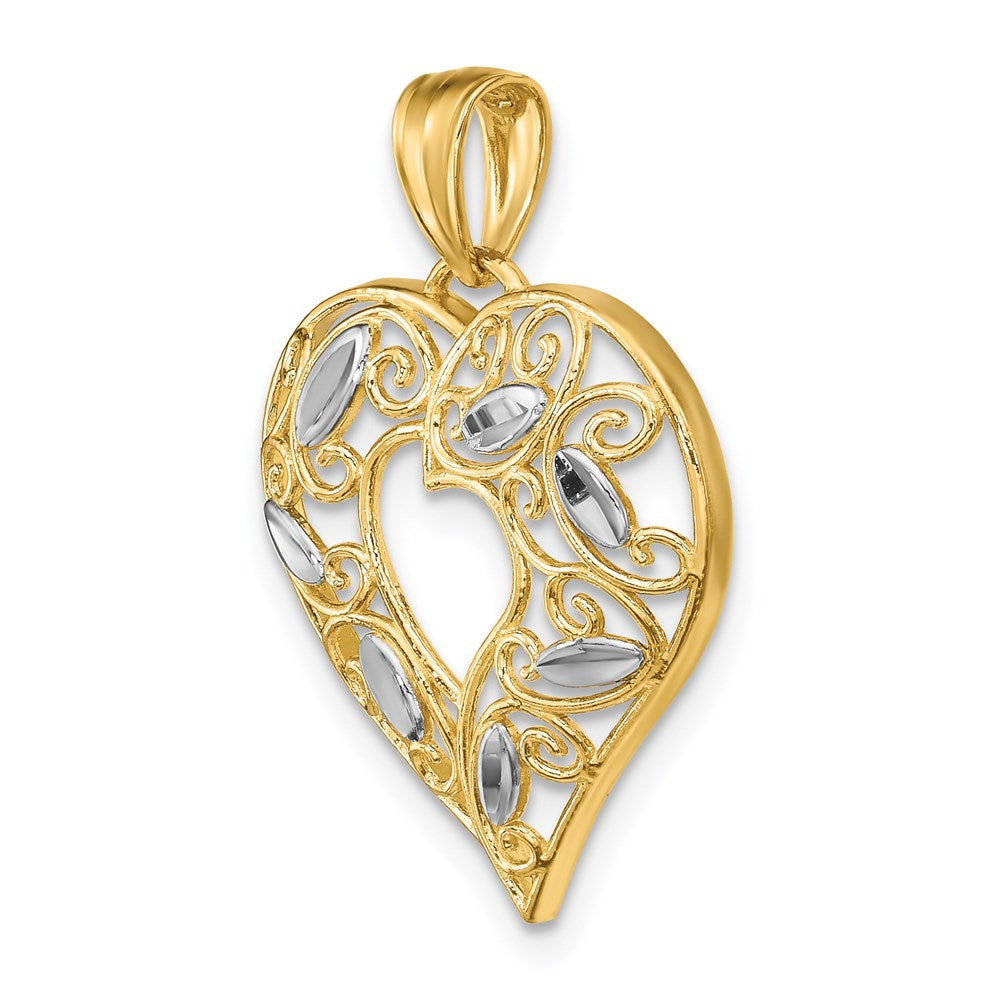 14K Gelb- und Rhodiumgold mit Rhodium-Diamantschliff-Filigran-Herzcharm