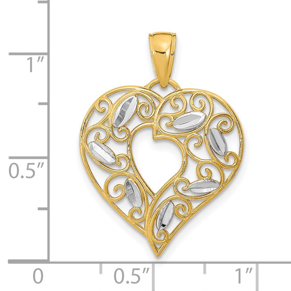 14K Gelb- und Rhodiumgold mit Rhodium-Diamantschliff-Filigran-Herzcharm