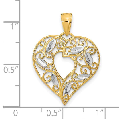 14K Gelb- und Rhodiumgold mit Rhodium-Diamantschliff-Filigran-Herzcharm