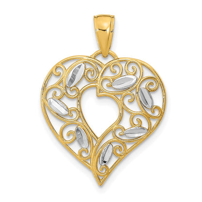 14K Gelb- und Rhodiumgold mit Rhodium-Diamantschliff-Filigran-Herzcharm