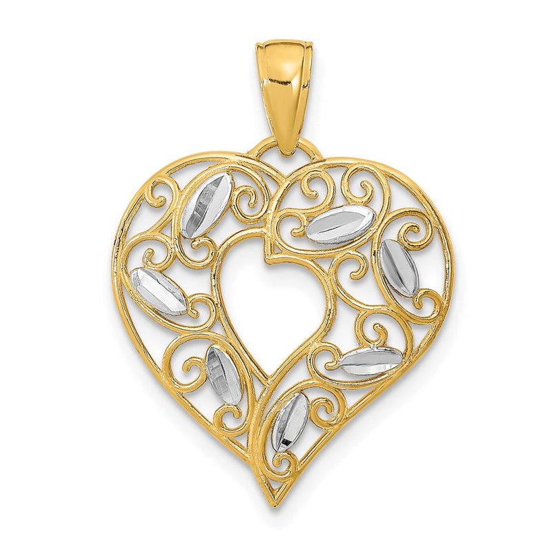 14K Gelb- und Rhodiumgold mit Rhodium-Diamantschliff-Filigran-Herzcharm