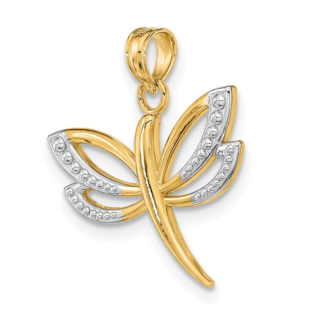 14K Gelb & Rhodium mit Rhodium Strukturiert Libelle Charm