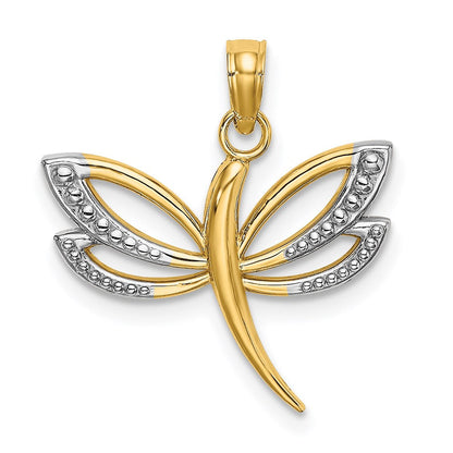 14K Gelb & Rhodium mit Rhodium Strukturiert Libelle Charm