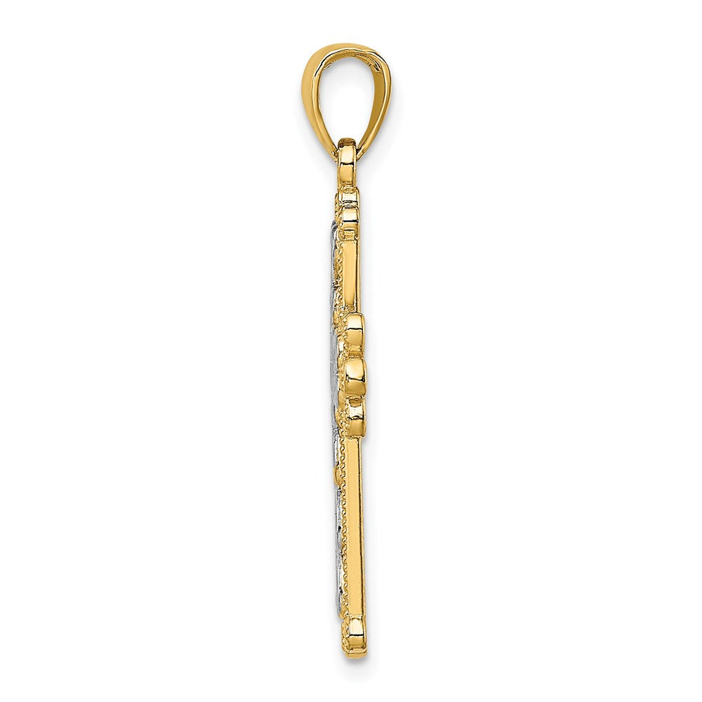 14K Gelb- und Rhodium-Gold mit Rhodium, poliert und texturiert, Perlen-Kreuz-Charm