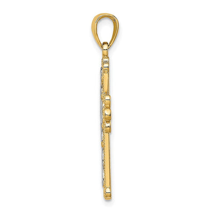14K Gelb- und Rhodium-Gold mit Rhodium, poliert und texturiert, Perlen-Kreuz-Charm