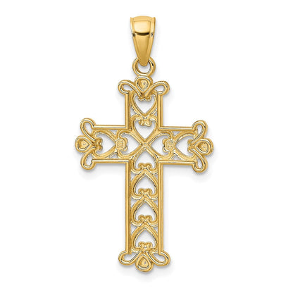 14K Gelb- und Rhodium-Gold mit Rhodium, poliert und texturiert, Perlen-Kreuz-Charm