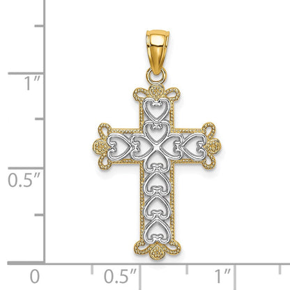 14K Gelb- und Rhodium-Gold mit Rhodium, poliert und texturiert, Perlen-Kreuz-Charm