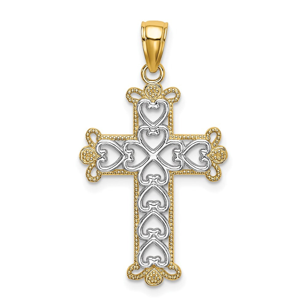 14K Gelb- und Rhodium-Gold mit Rhodium, poliert und texturiert, Perlen-Kreuz-Charm