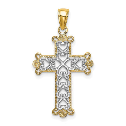 14K Gelb- und Rhodium-Gold mit Rhodium, poliert und texturiert, Perlen-Kreuz-Charm