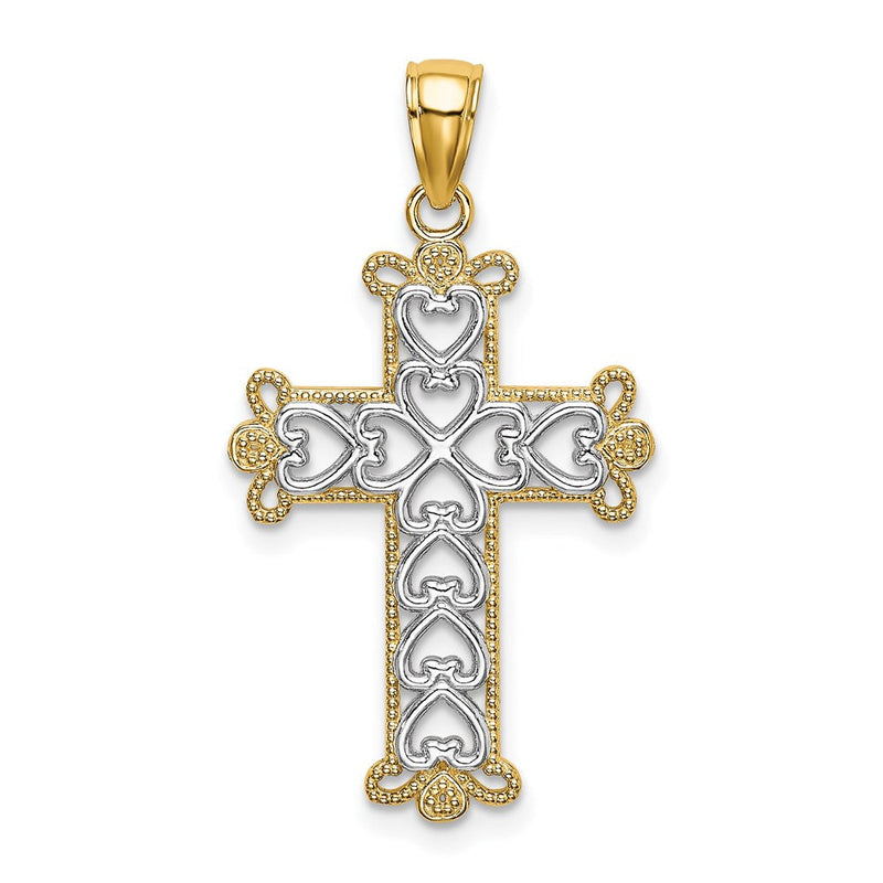 14K Gelb- und Rhodium-Gold mit Rhodium, poliert und texturiert, Perlen-Kreuz-Charm