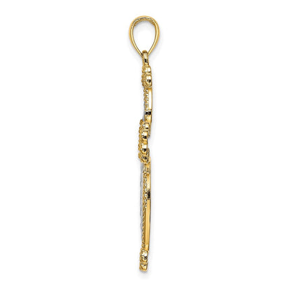 14K Gelbgold mit Rhodium diamantiertem gewölbtem Kreuz-Charm