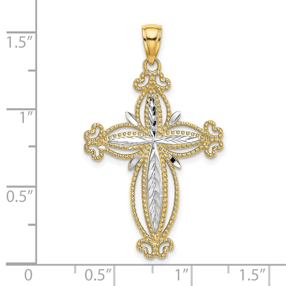 14K Gelbgold mit Rhodium diamantiertem gewölbtem Kreuz-Charm