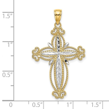 14K Gelbgold mit Rhodium diamantiertem gewölbtem Kreuz-Charm