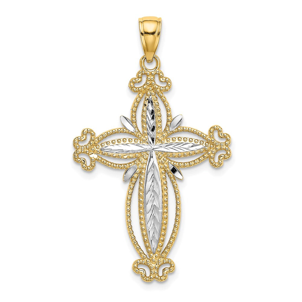 14K Gelbgold mit Rhodium diamantiertem gewölbtem Kreuz-Charm