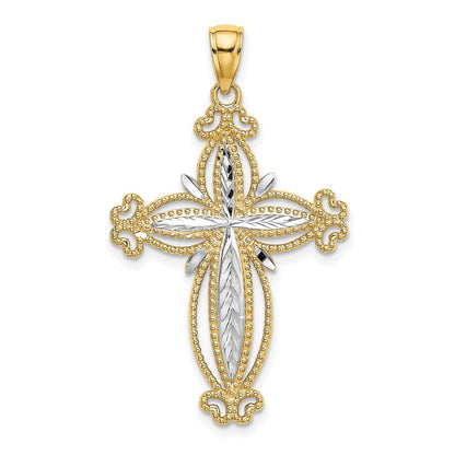 14K Gelbgold mit Rhodium diamantiertem gewölbtem Kreuz-Charm
