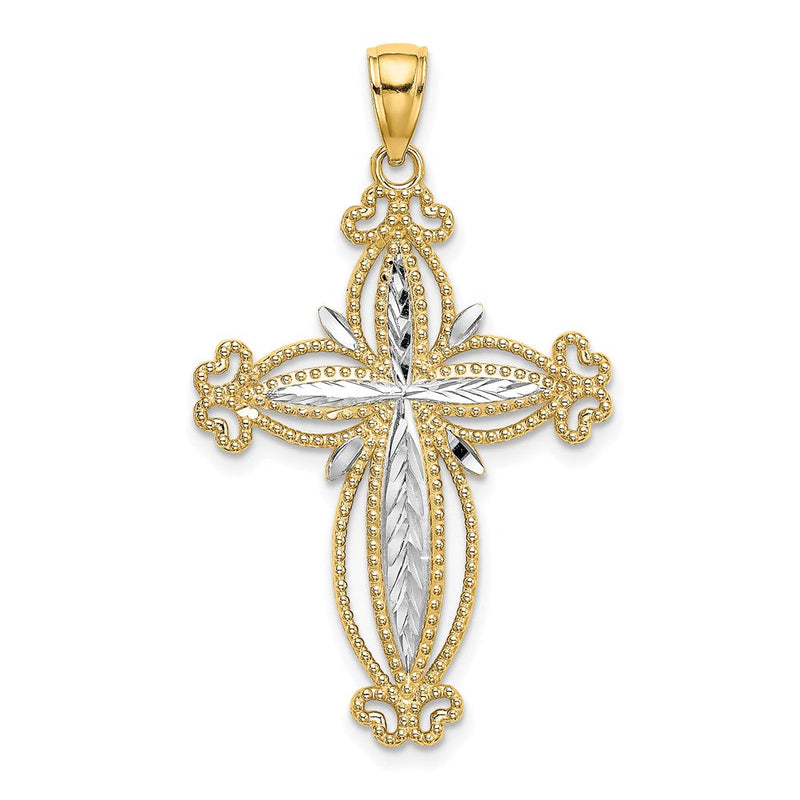 14K Gelbgold mit Rhodium diamantiertem gewölbtem Kreuz-Charm