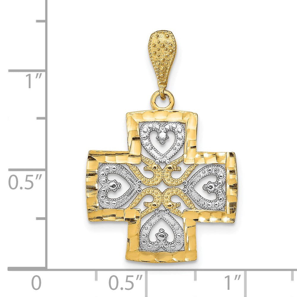 14K Gelb- und Rhodiumgold Herzkreuz-Charm mit Rhodium-Diamantschliff