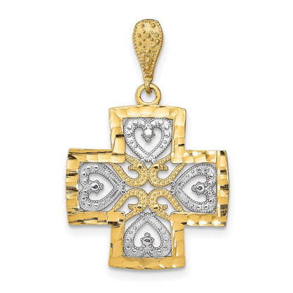 14K Gelb- und Rhodiumgold Herzkreuz-Charm mit Rhodium-Diamantschliff
