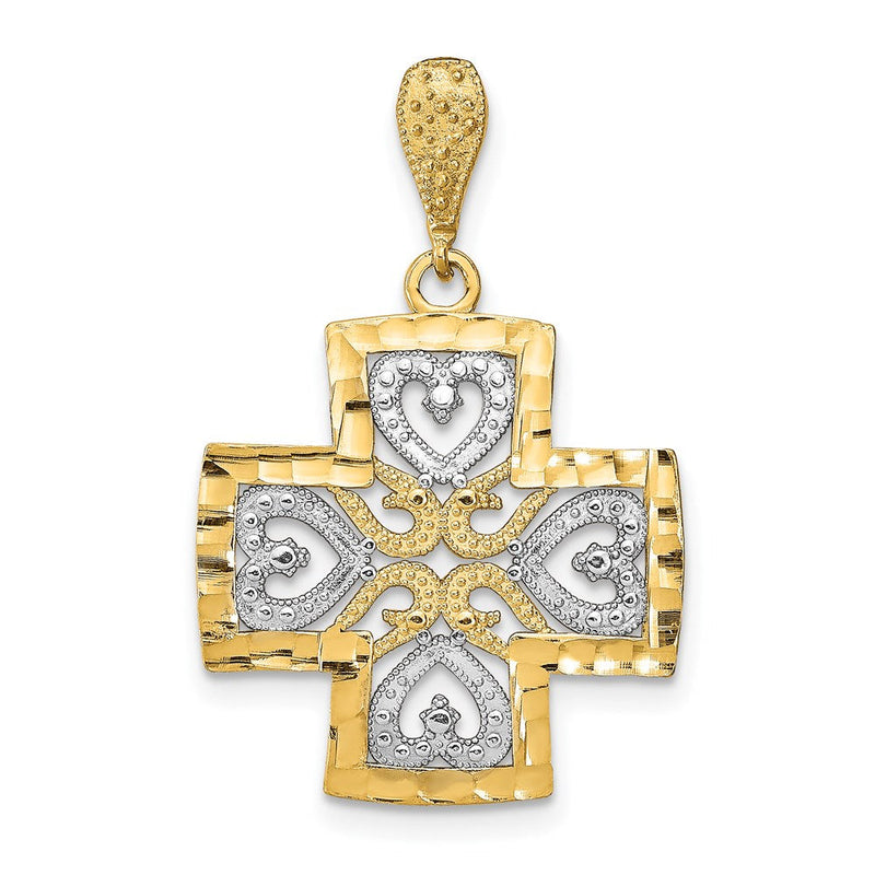 14K Gelb- und Rhodiumgold Herzkreuz-Charm mit Rhodium-Diamantschliff