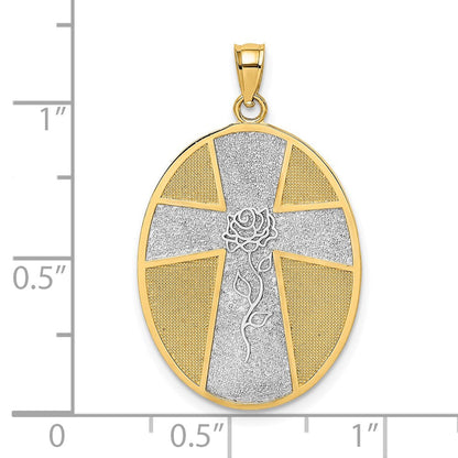 14K Gelb- und Rhodiumgold Kreuz- und Rosen-Charm mit Rhodium und Gelassenheitsgebet auf der Rückseite