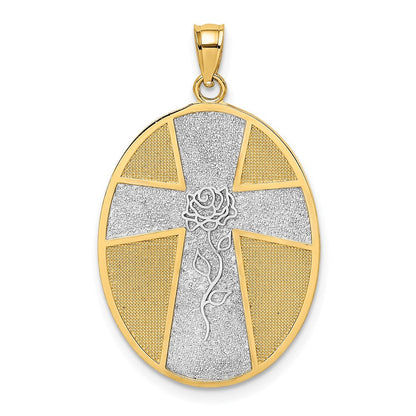 14K Gelb- und Rhodiumgold Kreuz- und Rosen-Charm mit Rhodium und Gelassenheitsgebet auf der Rückseite