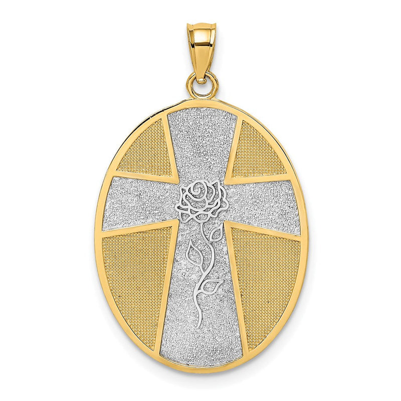 14K Gelb- und Rhodiumgold Kreuz- und Rosen-Charm mit Rhodium und Gelassenheitsgebet auf der Rückseite