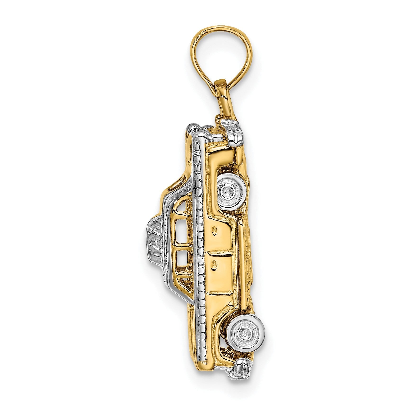14K Gelbgold und Rhodium-Gold mit Weißrhodium 3-D Taxi mit beweglichen Reifen Charm