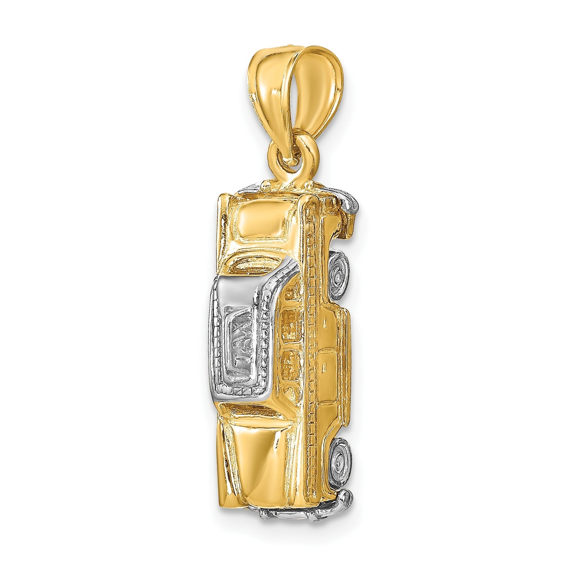 14K Gelbgold und Rhodium-Gold mit Weißrhodium 3-D Taxi mit beweglichen Reifen Charm