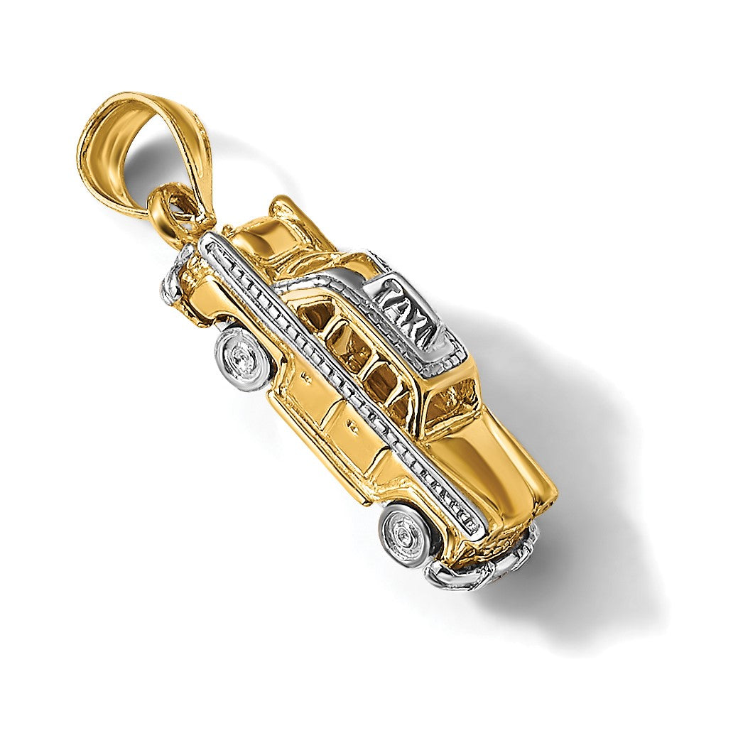 14K Gelbgold und Rhodium-Gold mit Weißrhodium 3-D Taxi mit beweglichen Reifen Charm