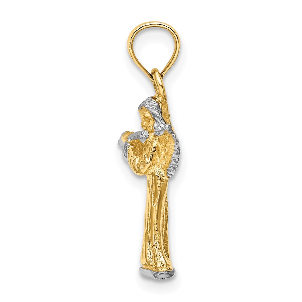 14 Karat Gelbgold & Rhodium mit Weißrhodium 3-D Engel-Charm mit Flöte spielend