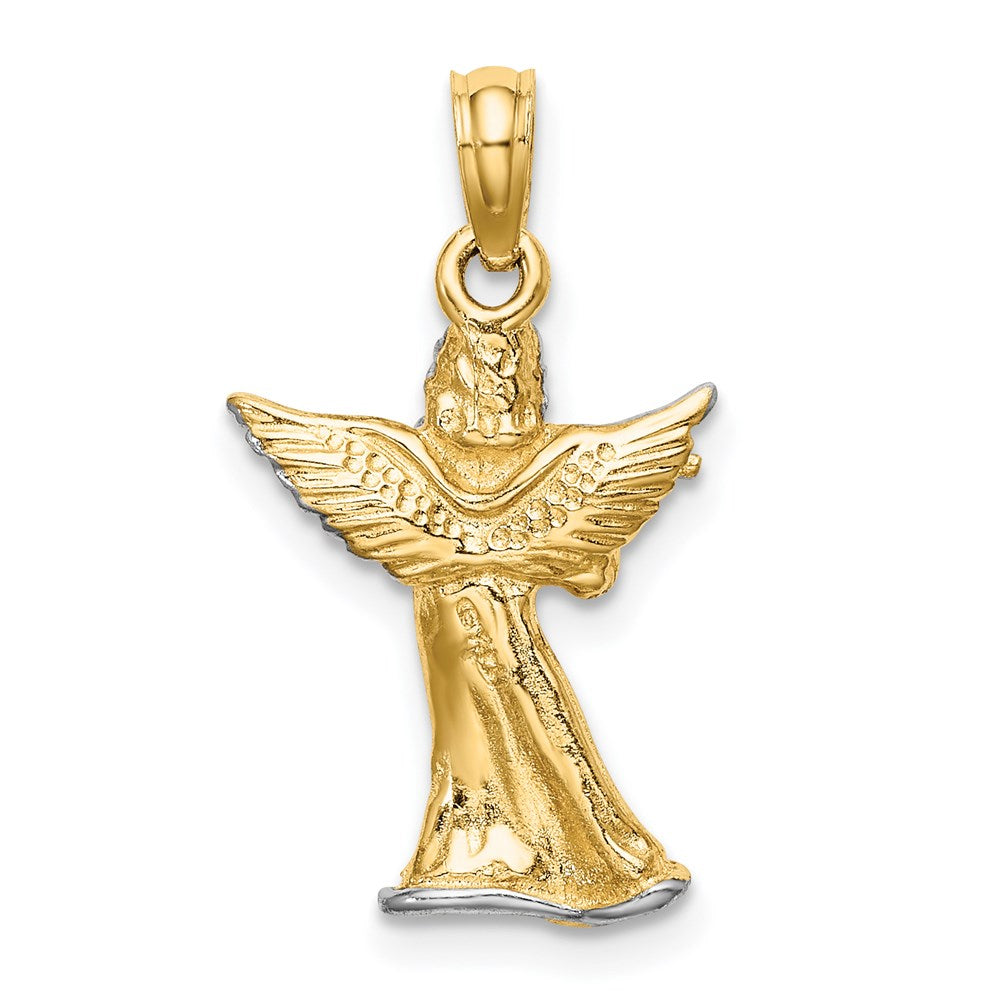 14 Karat Gelbgold & Rhodium mit Weißrhodium 3-D Engel-Charm mit Flöte spielend