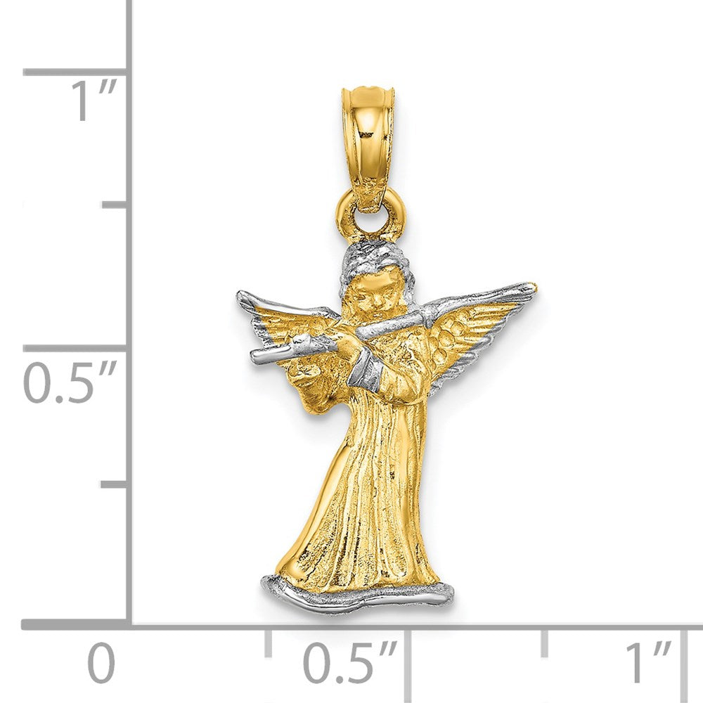 14 Karat Gelbgold & Rhodium mit Weißrhodium 3-D Engel-Charm mit Flöte spielend