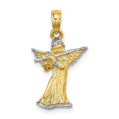 14 Karat Gelbgold & Rhodium mit Weißrhodium 3-D Engel-Charm mit Flöte spielend