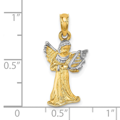 14K Gelbgold & Rhodiumgold mit Weißrhodium 3-D-Engel-mit-Harfe-Charm
