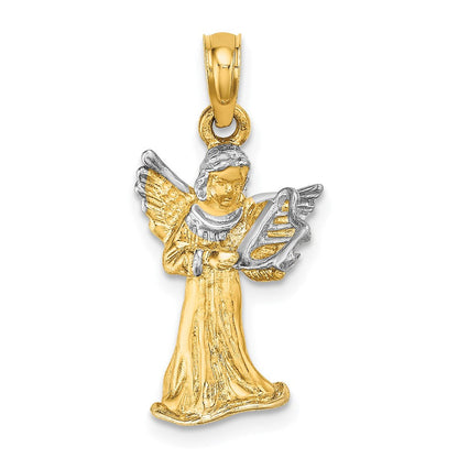 14K Gelbgold & Rhodiumgold mit Weißrhodium 3-D-Engel-mit-Harfe-Charm