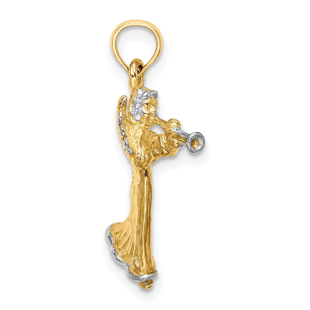 14K Gelb- und Rhodiumgold mit Weißrhodium 3-D-Charm „Trompete spielender Engel“