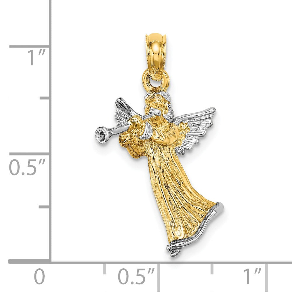 14K Gelb- und Rhodiumgold mit Weißrhodium 3-D-Charm „Trompete spielender Engel“