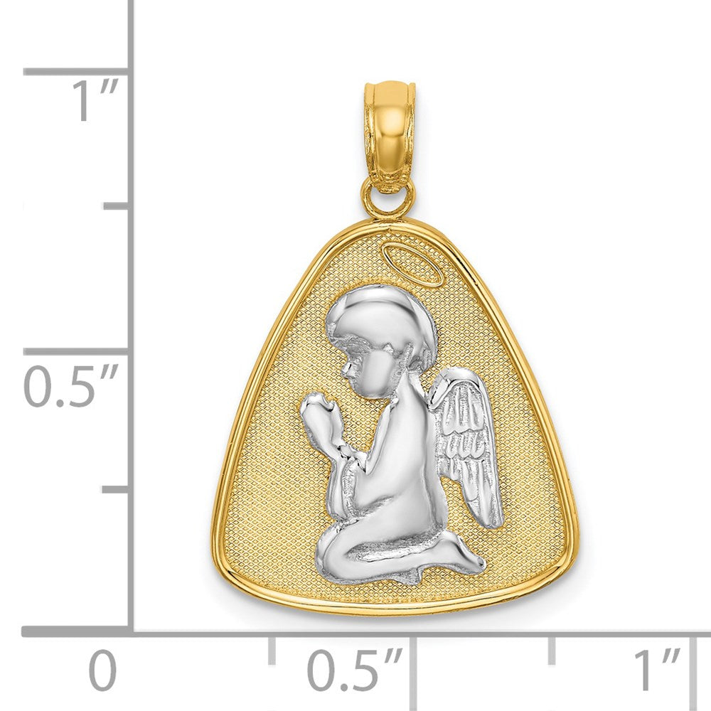 14K Gelb & Rhodium Gold mit Rhodium Engel Betend mit Heiligenschein auf Dreieck Plättchen