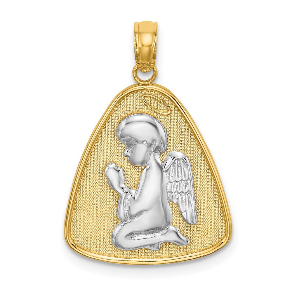 14K Gelb & Rhodium Gold mit Rhodium Engel Betend mit Heiligenschein auf Dreieck Plättchen