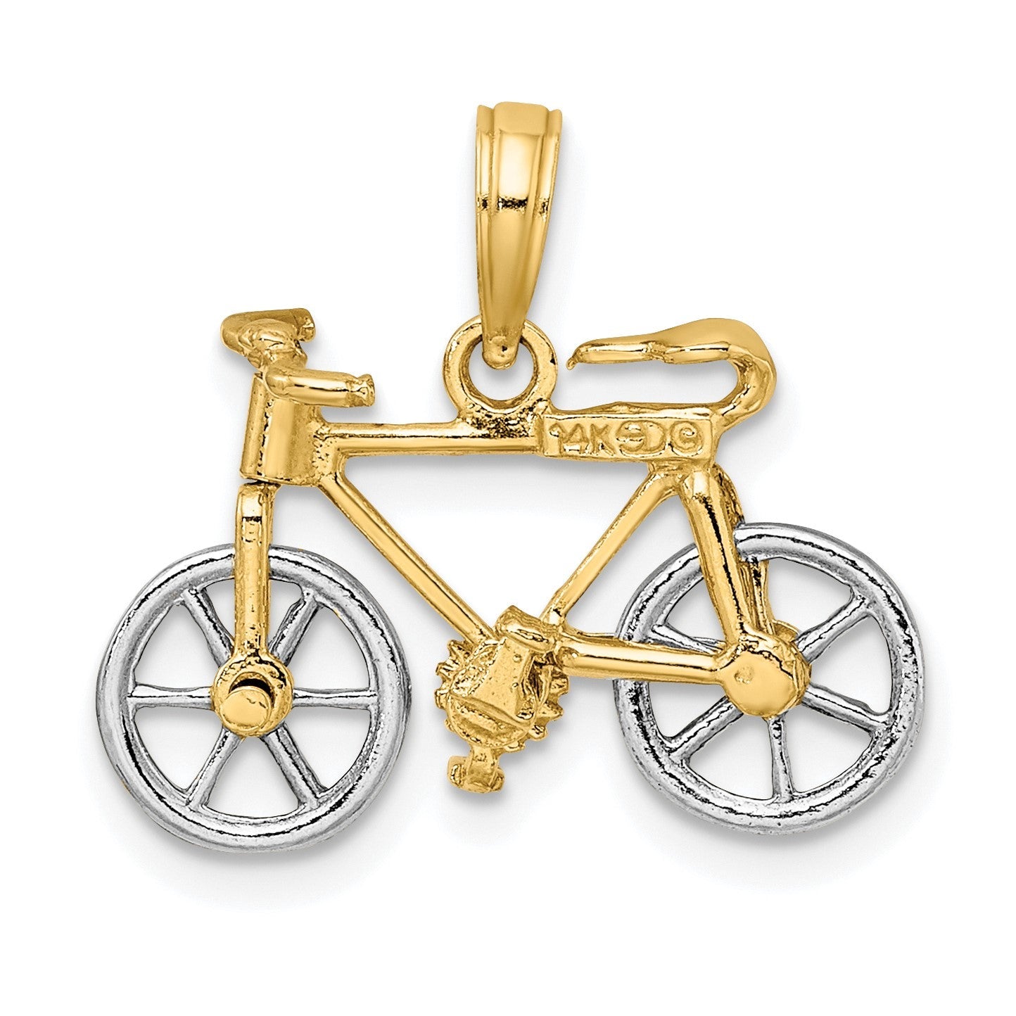 14K Bicolor Gold Charm „3-D Fahrrad" mit beweglichen Reifen