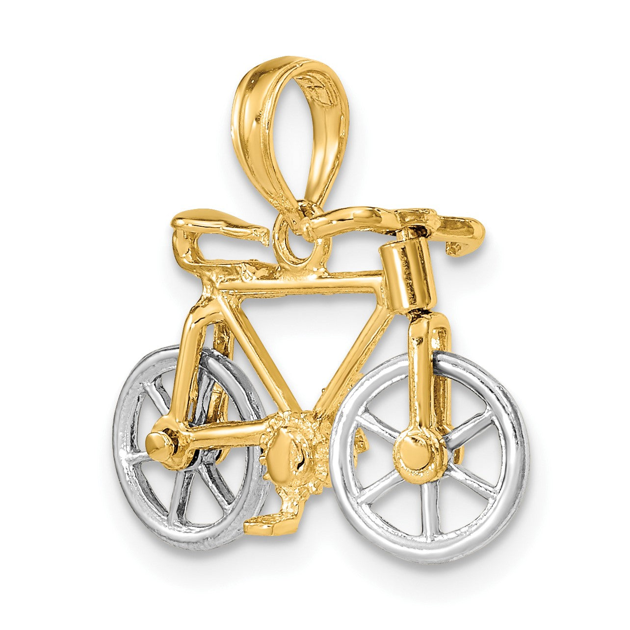 14K Bicolor Gold Charm „3-D Fahrrad" mit beweglichen Reifen