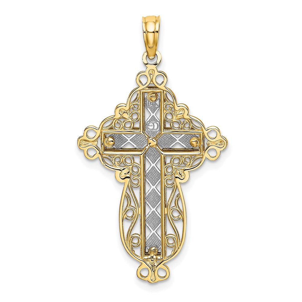 14K Bicolor-Gold 2D-Filigran-Kreuz-Charm mit diamantiertem Schliff