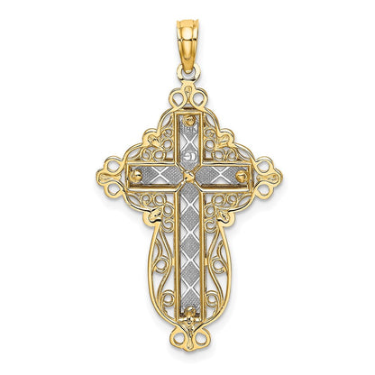 14K Bicolor-Gold 2D-Filigran-Kreuz-Charm mit diamantiertem Schliff