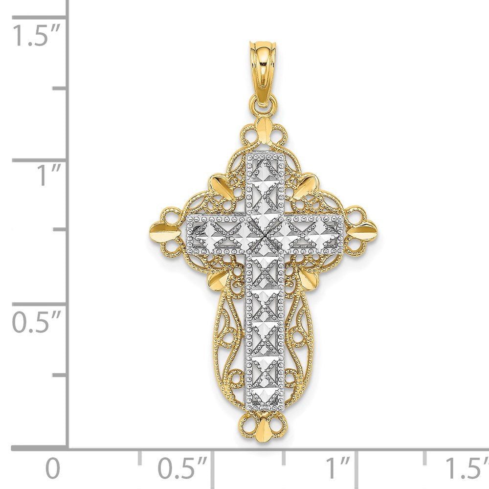14K Bicolor-Gold 2D-Filigran-Kreuz-Charm mit diamantiertem Schliff