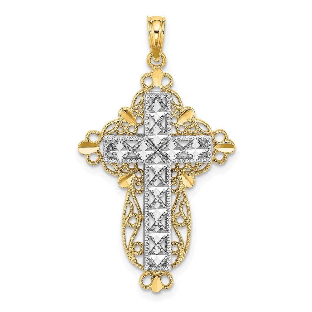 14K Bicolor-Gold 2D-Filigran-Kreuz-Charm mit diamantiertem Schliff