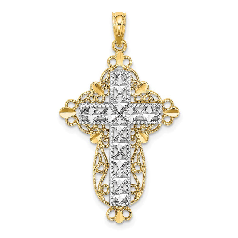 14K Bicolor-Gold 2D-Filigran-Kreuz-Charm mit diamantiertem Schliff