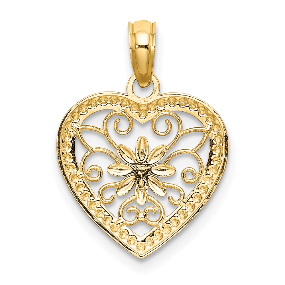 14K Gelb & Rhodium mit Strukturiert Herz Blume Filigran Charm