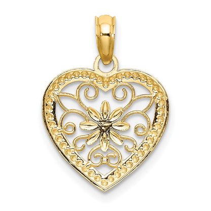 14K Gelb & Rhodium mit Strukturiert Herz Blume Filigran Charm